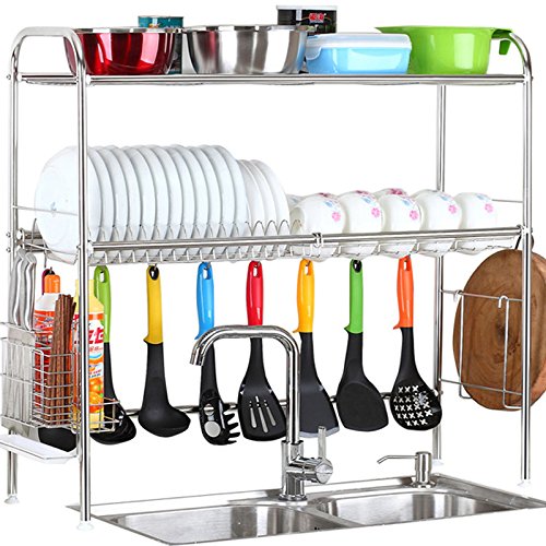 2-Tier SUS304 Stainless Steel Adjustable Dish Drying Rack Utensil Holder,Over the Sink Kitchen Storage Shelf (Double Groove)