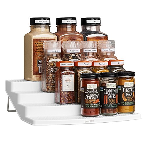 YouCopia Spicesteps 4-Tier Kitchen Cabinet Spice Shelf Organizer, Large with Labels, White