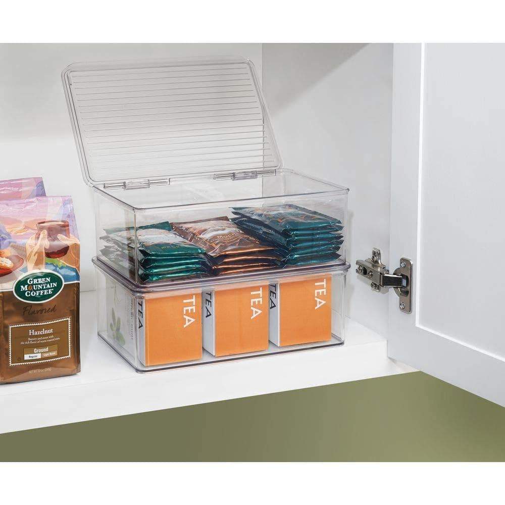 Discover the best mdesign stackable kitchen pantry cabinet or refrigerator storage bin with attached hinged lid compact storage organizer for coffee tea and food packets snacks bpa free pack of 2 clear