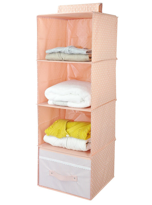 iwill CREATE PRO Cute Peachy Hanging Closet Storage Shelf for Baby Clothes & Accessories, 4 Compartment & 1 Collapsible Drawer, Good for Girls Room