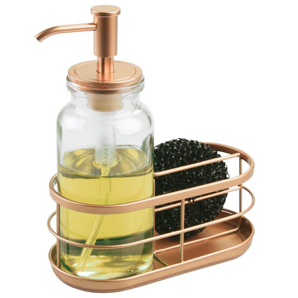 Heavy duty mdesign modern glass metal kitchen sink countertop liquid hand soap dispenser pump bottle caddy with storage compartments holds and stores sponges scrubbers and brushes clear copper