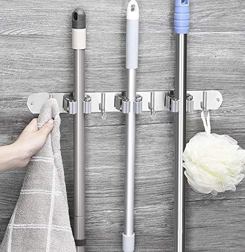 Buy now broom mop holder stainless steel heavy duty wall mount storage organizer tools hanger with 3 racks 4 hooks for kitchen bathroom closet garage office garden 3 racks 4 hooks