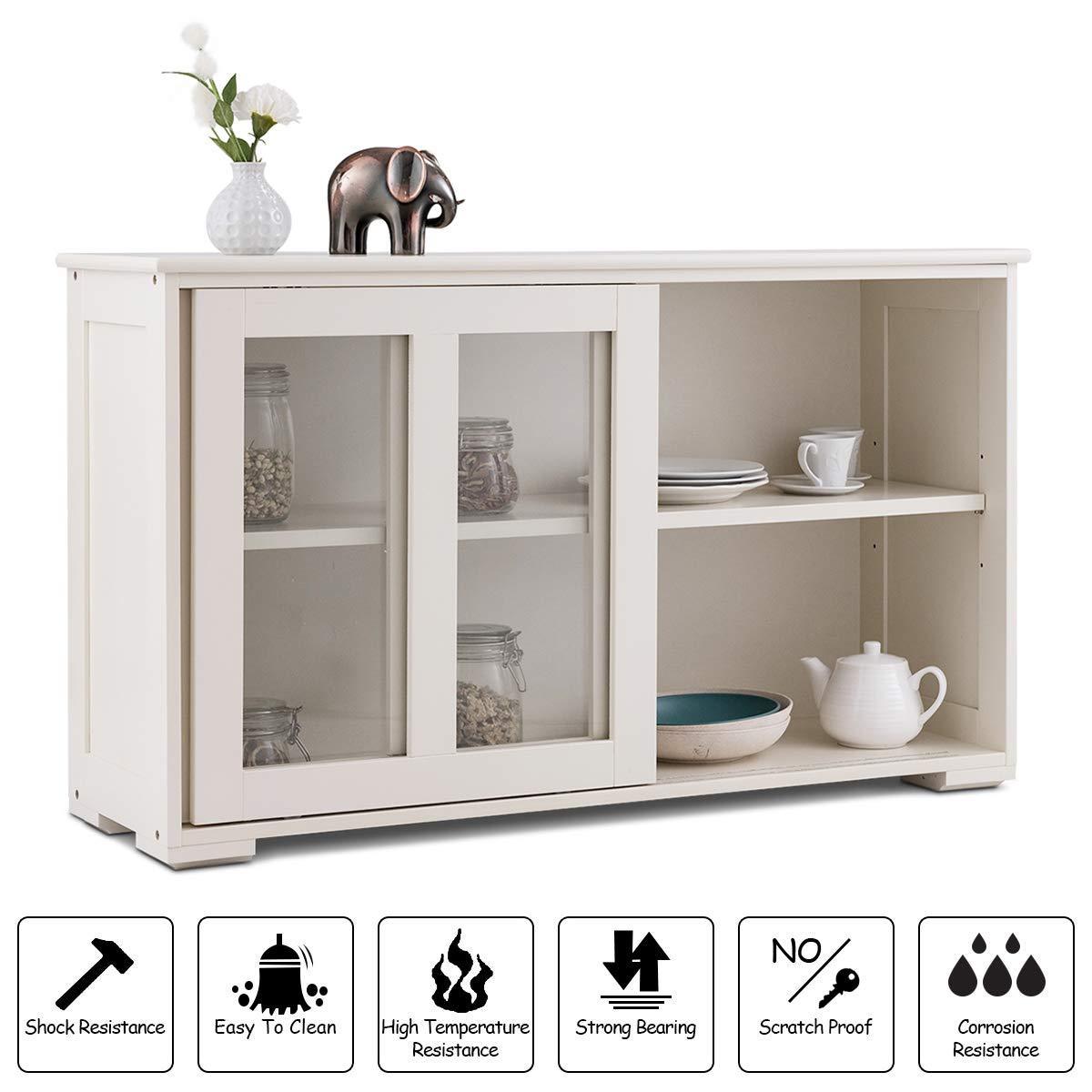 Save costzon kitchen storage sideboard antique stackable cabinet for home cupboard buffet dining room cream white with sliding door window