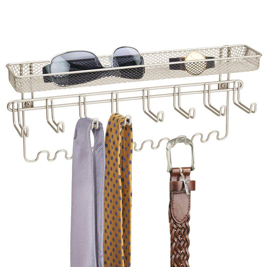 mDesign Closet Wall Mount Men's Accessory Storage Organizer Rack - Holds Belts, Neck Ties, Watches, Change, Sunglasses, Wallets - 19 Hooks and Basket - Satin