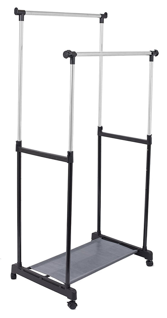 Internet's Best Portable Double Rail Clothes Garment Rack | Steel Rolling Closet Wardrobe Organizer | Adjustable Height and Expandable Hanging Rod | Bottom Shoe Shelf | On Wheels | Chrome & Black