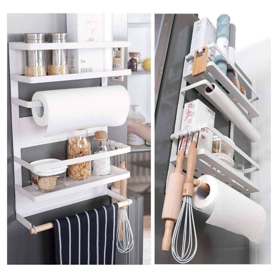 Exclusive kitchen rack magnetic fridge organizer 18 1x11 8x4 4 inch paper towel holder rustproof spice jars rack plastic wrap holder refrigerator shelf storage including 5 removable hook 201 white