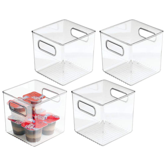 mDesign Plastic Kitchen Pantry Cabinet, Refrigerator or Freezer Food Storage Bins with Handles - Organizer for Fruit, Yogurt, Snacks, Pasta - Food Safe, BPA Free, 6" Cube - 4 Pack, Clear