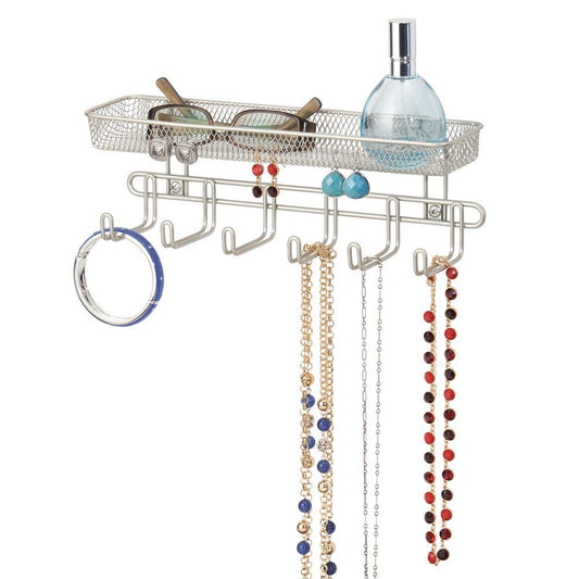 mDesign Metal Closet Wall Mount Jewelry Accessory Storage Organizer Shelf with 6 Hooks and 1 Basket for Storage of Necklaces, Bracelets, Rings, Earrings, Sunglasses, Wallets - Satin