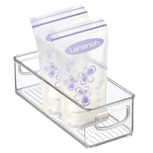 mDesign Baby Food Kitchen Refrigerator Cabinet or Pantry Storage Organizer Bin with Handles for Breast Milk, Pouches, Jars, Bottles, Formula, Juice Boxes - BPA Free, 10" x 4" x 3" - Clear