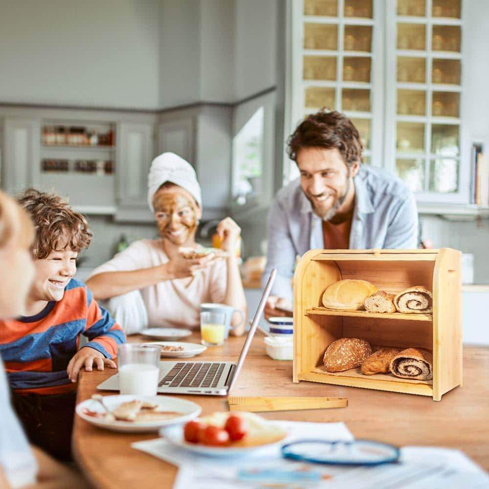 Featured bamboo bread box finew 2 layer rolltop bread bin for kitchen large capacity wooden bread storage holder countertop bread keeper with toaster tong 15 x 9 8 x 14 5 self assembly