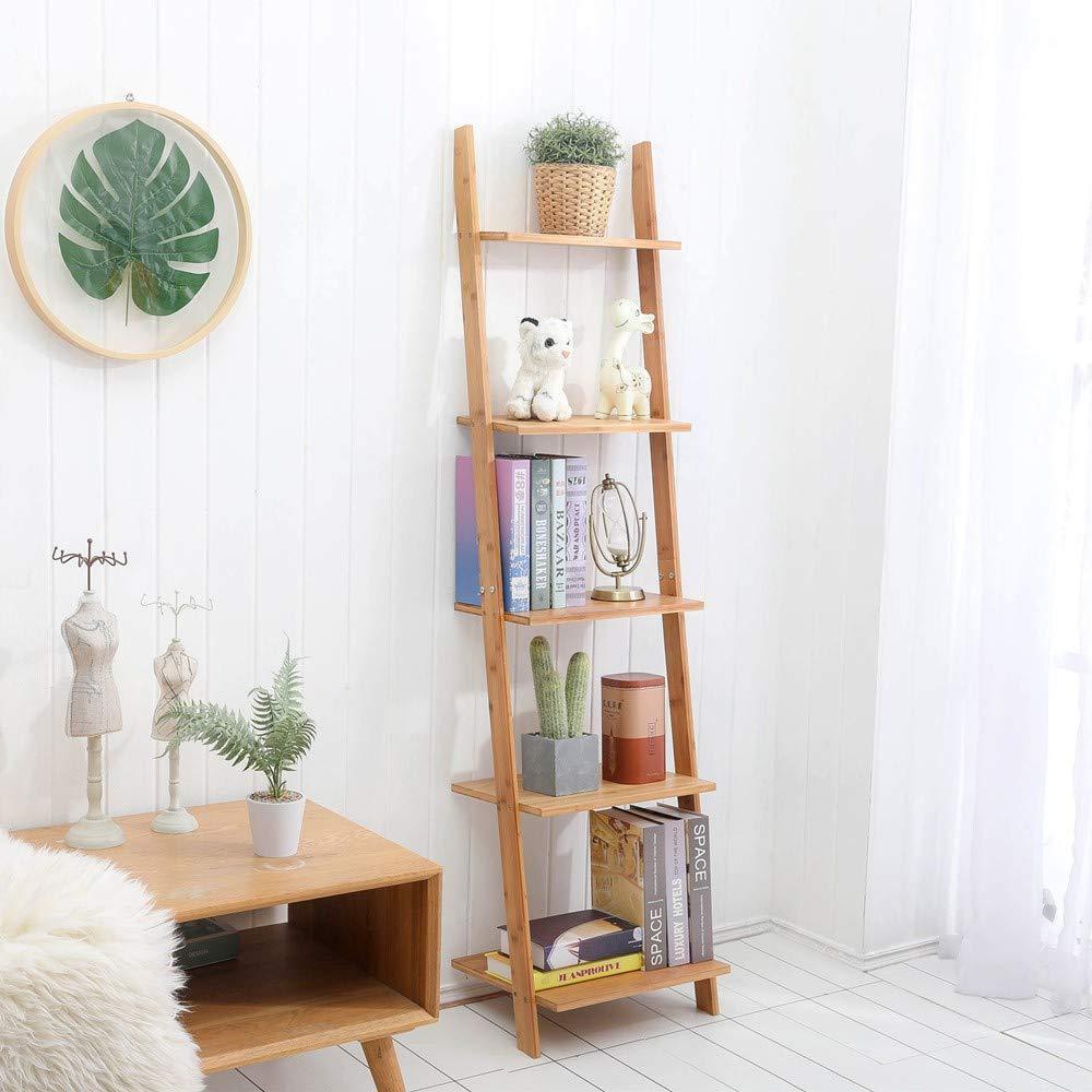 Select nice exilot natural bamboo ladder shelf 5 tier wall leaning bookshelf ladder bookcase storage display shelves for living room kitchen office multi functional plant flower stand shelf