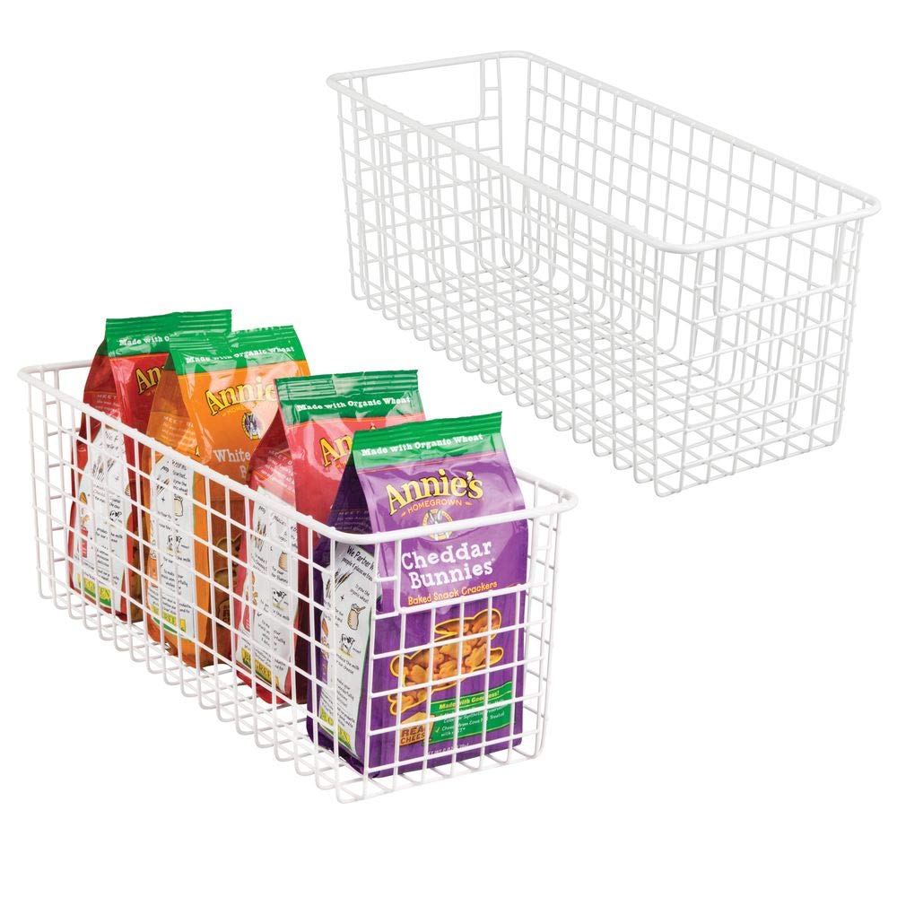 mDesign Farmhouse Decor Metal Wire Food Storage Organizer Bin Basket with Handles for Kitchen Cabinets, Pantry, Bathroom, Laundry Room, Closets, Garage - 16" x 6" x 6" - 2 Pack - Matte White