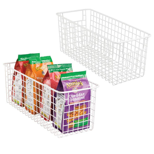 mDesign Farmhouse Decor Metal Wire Food Storage Organizer Bin Basket with Handles for Kitchen Cabinets, Pantry, Bathroom, Laundry Room, Closets, Garage - 16" x 6" x 6" - 2 Pack - Matte White