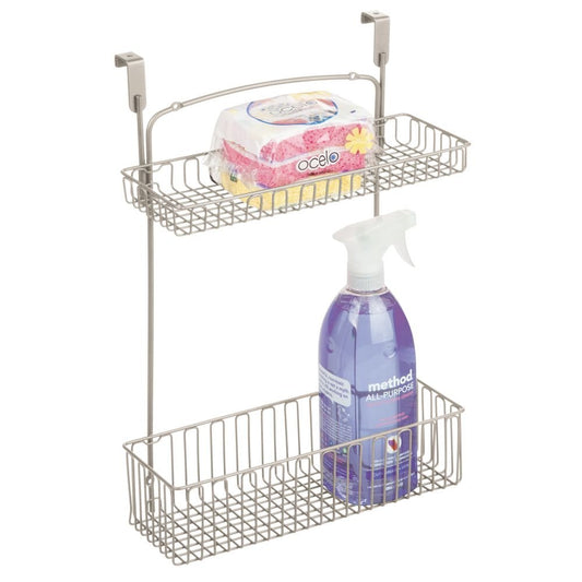 mDesign Metal Farmhouse Over Cabinet Kitchen Storage Organizer Holder or Basket - Hang Over Cabinet Doors in Kitchen/Pantry - Holds Dish Soap, Window Cleaner, Sponges - Satin