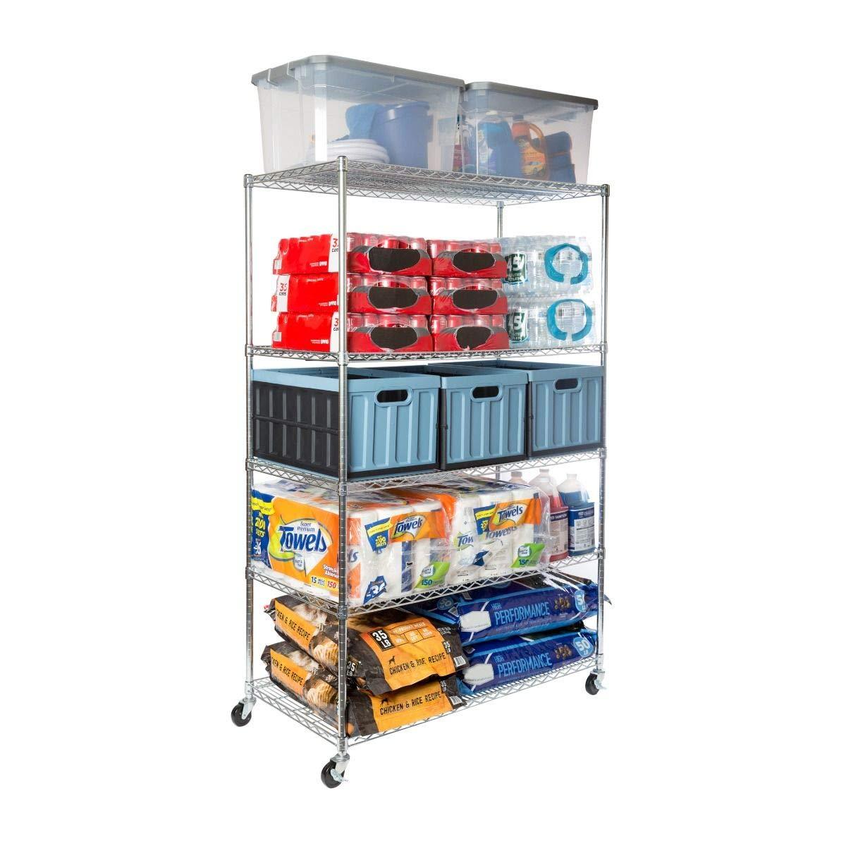 Seville Classics UltraDurable Commercial-Grade 5-Tier NSF-Certified Steel Wire Shelving with Wheels 48" W x 24" D x 72" H Silver