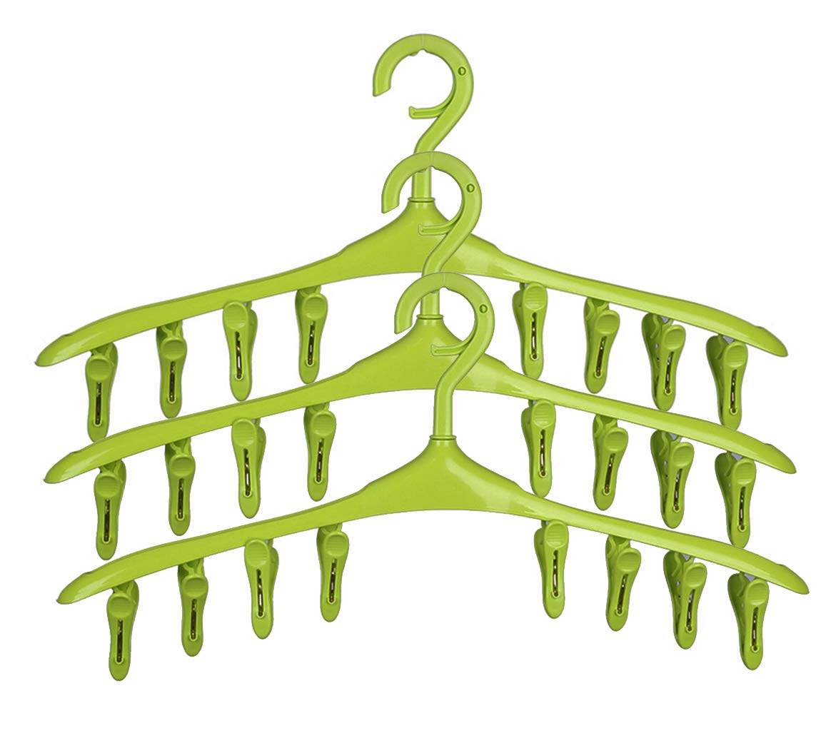 SUOWO Plastic Baby Hangers Coat Clothes Clip and Drip Laundry Swivel Hanger with 8 Clips Non Slip Space Saving for Drying Organizer Kids Infant Diapers Socks Adult Lingerie Pant 3 Pack (Lawngreen)