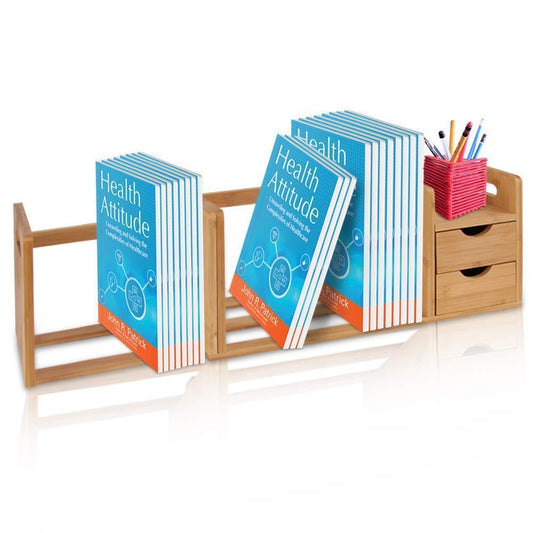 Bamboo Wood Expandable Desk Organizer - Desktop Tabletop Organic Wooden Filing Organization Bookshelf w/Storage Drawer, for Book, Home Office File, Paper, Supplies, Cookbook - SereneLife SLDCAB180