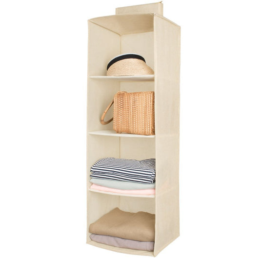Hanging Closet Organizer,Sweater & sock Organizer with a Hook and Loops,Collapsible Storage Shelves for Clothes, pants and Shoes (Beige-4 Shelf)
