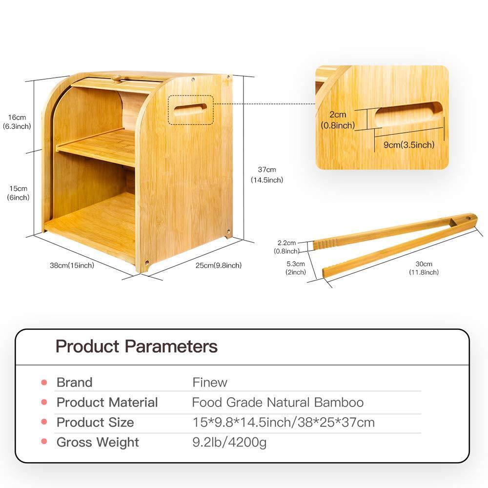 Explore bamboo bread box finew 2 layer rolltop bread bin for kitchen large capacity wooden bread storage holder countertop bread keeper with toaster tong 15 x 9 8 x 14 5 self assembly