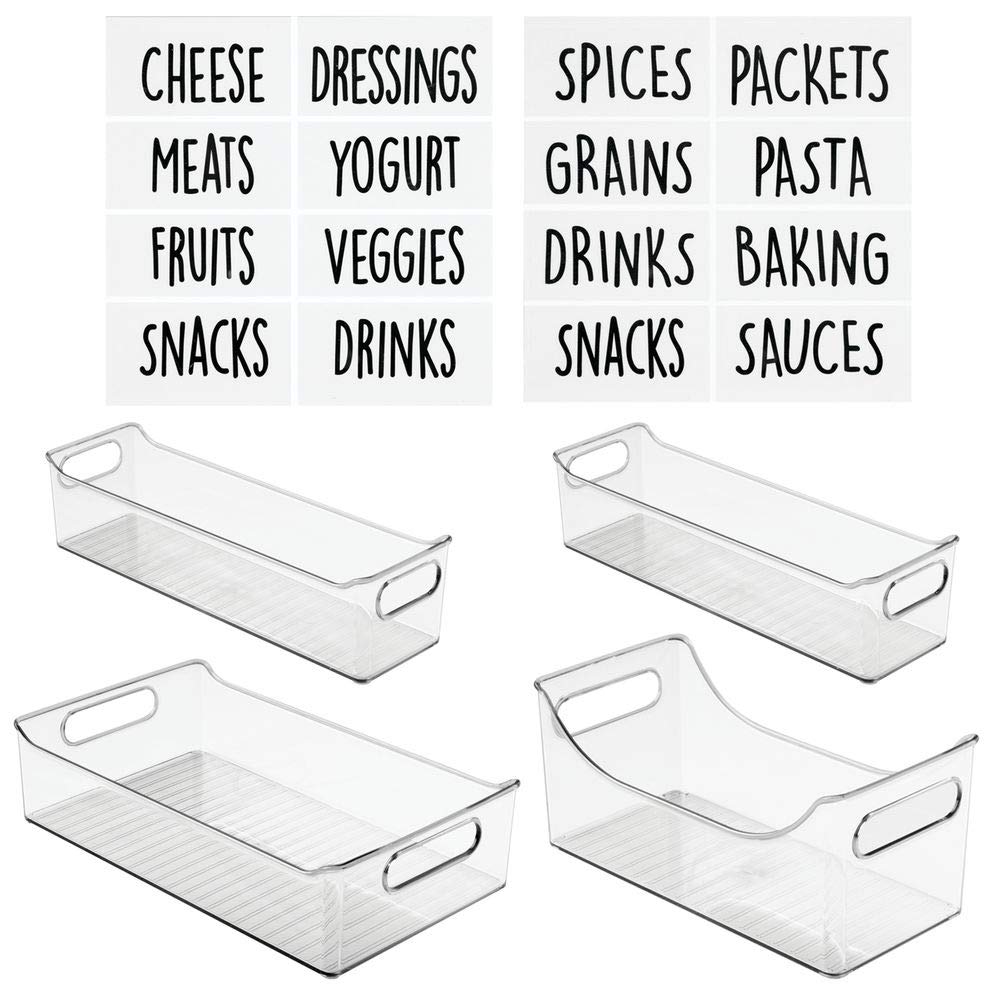 mDesign Kitchen Storage Organizer Bin Set with 16 Identification Labels, Trays with Built-In Handles - for Pantry, Cabinets, Shelves, Refrigerator - BPA Free - 3 Size Organizers, Set of 4 - Clear