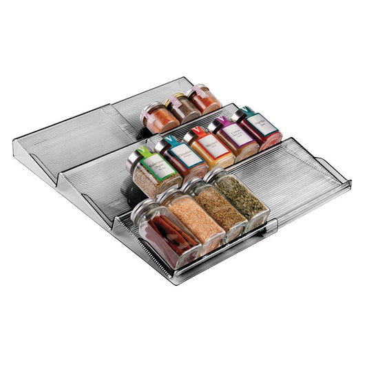 mDesign Adjustable, Expandable Plastic Spice Rack, Drawer Organizer for Kitchen Cabinet Drawers - 3 Slanted Tiers for Garlic, Salt, Pepper Spice Jars, Seasonings, Vitamins, Supplements - Smoke Gray