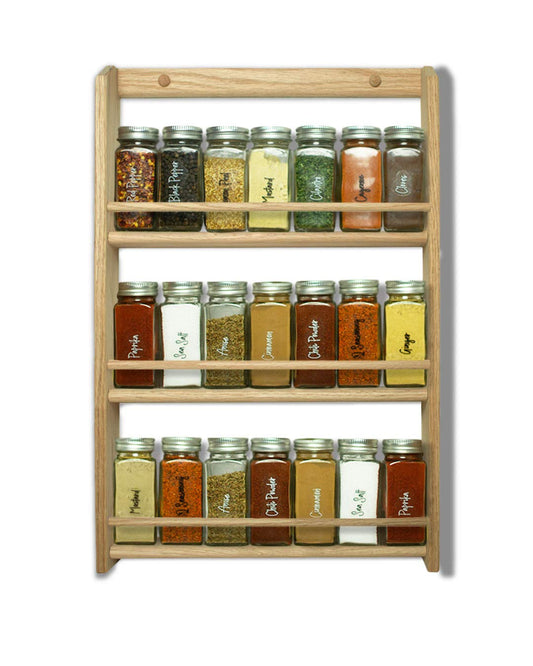 EmejiaSales Oak Spice Rack Wall Mount Organizer 3 Tier, Solid Oak Wood With Natural Finish, Seasoning Storage for Pantry and Kitchen - Holds 18 Herb Jars