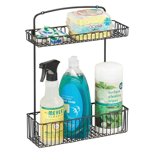 mDesign Metal Farmhouse Wall Mount Kitchen Storage Organizer Holder or Basket - Hang on Wall, Under Sink, or Cabinet Door in Kitchen/Pantry - Holds Dish Soap, Window Cleaner, Sponges - Matte Black