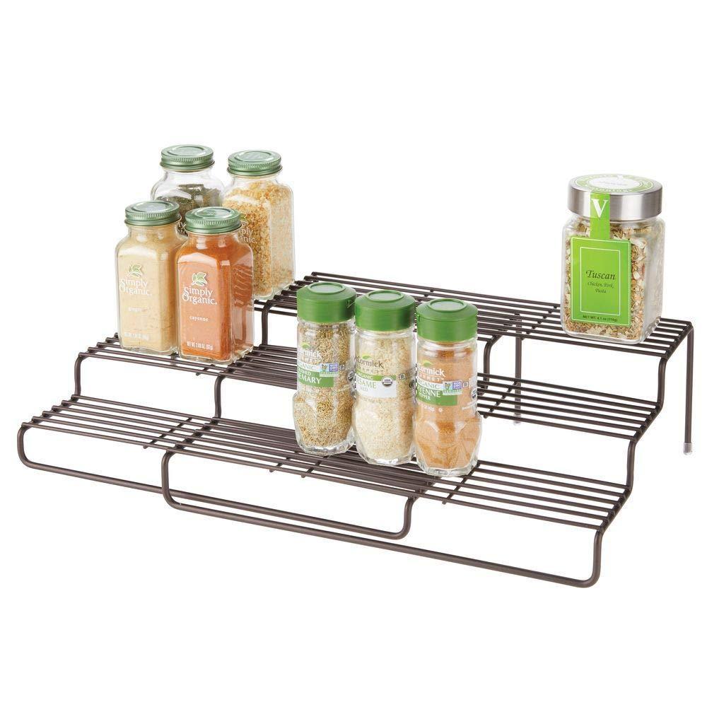 Heavy duty mdesign adjustable expandable kitchen wire metal storage cabinet cupboard food pantry shelf organizer spice bottle rack holder 3 level storage up to 19 5 wide bronze