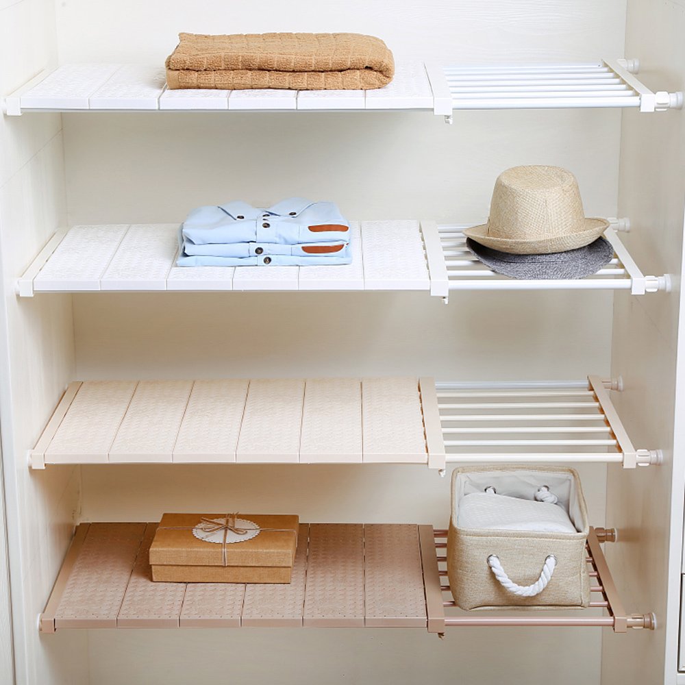VANCORE Upgraded Adjustable Storage Rack Separator Wardrobe Organizer Cupboard Shelf Expandable Closet Shelf (NO Drilling), Stretch Length:20.9~35.4",Width:11.8", White