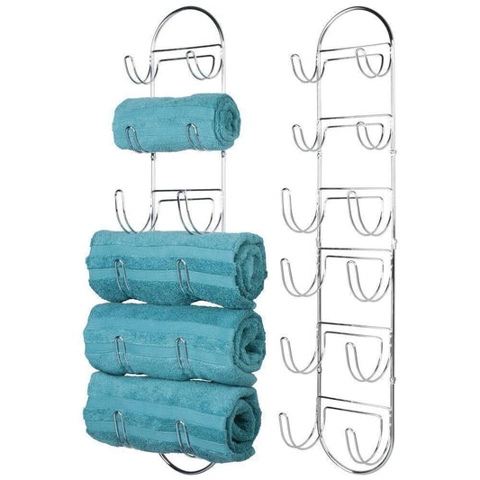 mDesign Wall Mount Metal Wire Towel Storage Shelf Organizer Rack Holder with 6 Compartments, Shelves for Bathroom Towels - 2 Pack - Chrome