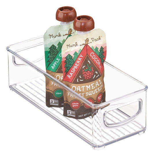 mDesign Stackable Plastic Food Storage Bin with Handles for Kitchen Pantry, Cabinet, Refrigerator, Freezer - Organizer for Fruit, Yogurt, Squeeze Pouches - BPA Free, 10" Long - Clear