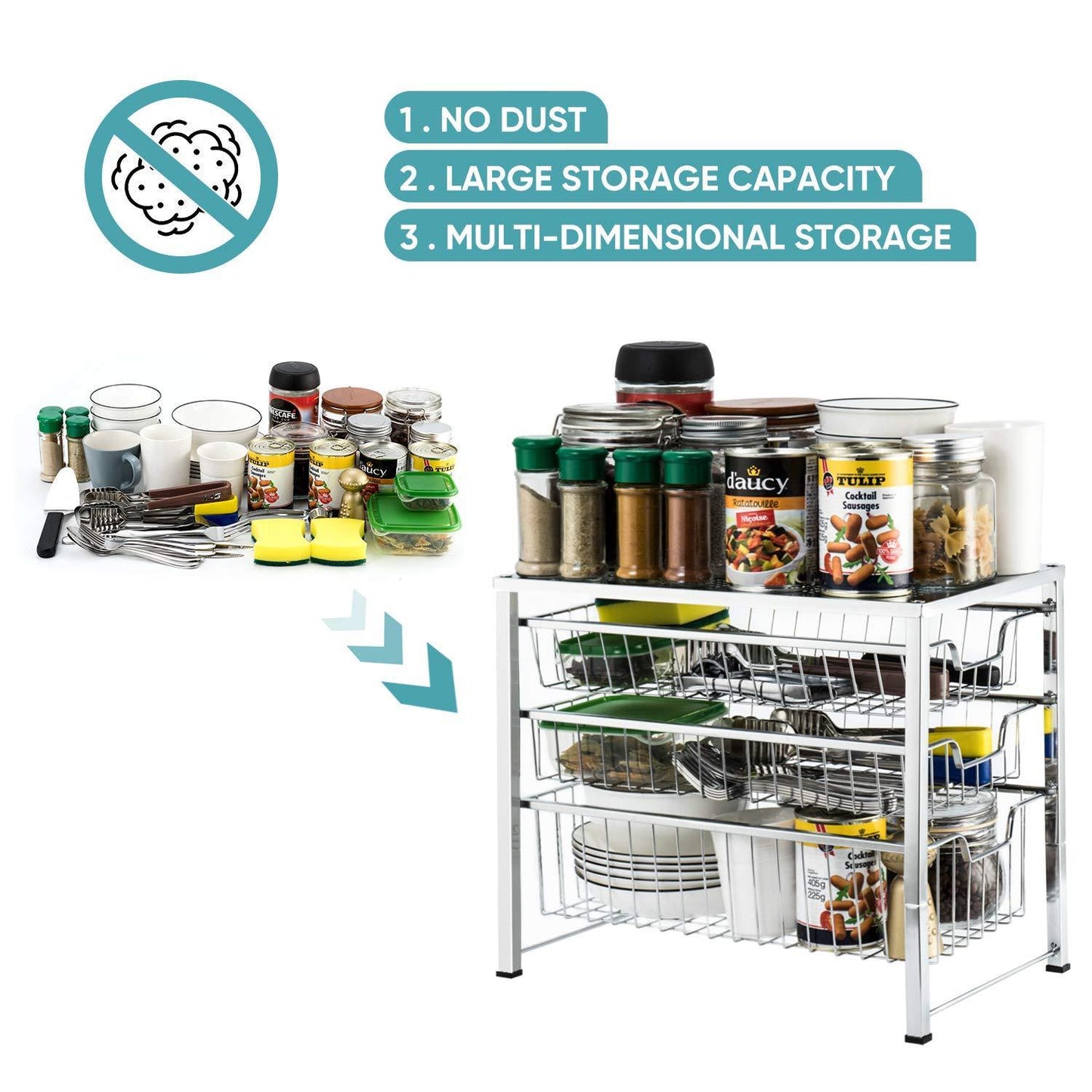 Save bextsware cabinet basket organizer with 3 tier wire grid sliding drawer multi function stackable mesh storage organizer for kitchen counter desktop bathroom under sinkchrome