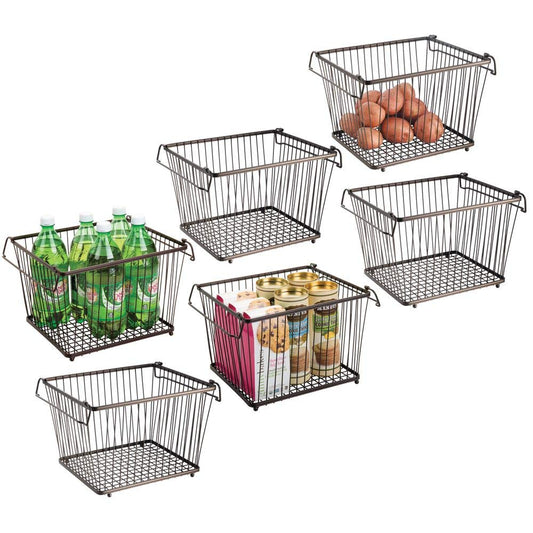 mDesign Household Stackable Wire Storage Organizer Bin Basket with Built-In Handles for Kitchen Cabinets, Pantry, Closets, Bedrooms, Bathrooms � Large, Pack of 6, Steel in Durable Bronze Finish