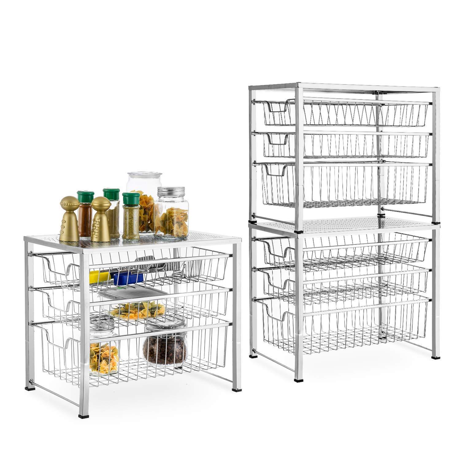 Results bextsware cabinet basket organizer with 3 tier wire grid sliding drawer multi function stackable mesh storage organizer for kitchen counter desktop bathroom under sinkchrome