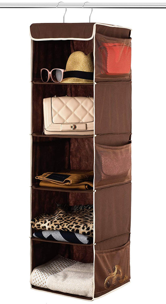 Zober 5 Shelf Hanging Closet Organizer Space Saver, Roomy Breathable Hanging Shelves With (6) Side Accessories Pockets, And 2 Sturdy Hooks, For Clothes Storage, And Shoes, Etc. 12 x 11 ½ x 42 In, Java