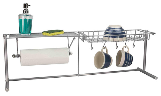 Home Basics over the Sink Stainless Steel Kitchen Station Dish Rack Paper Towel Dispenser Organizer