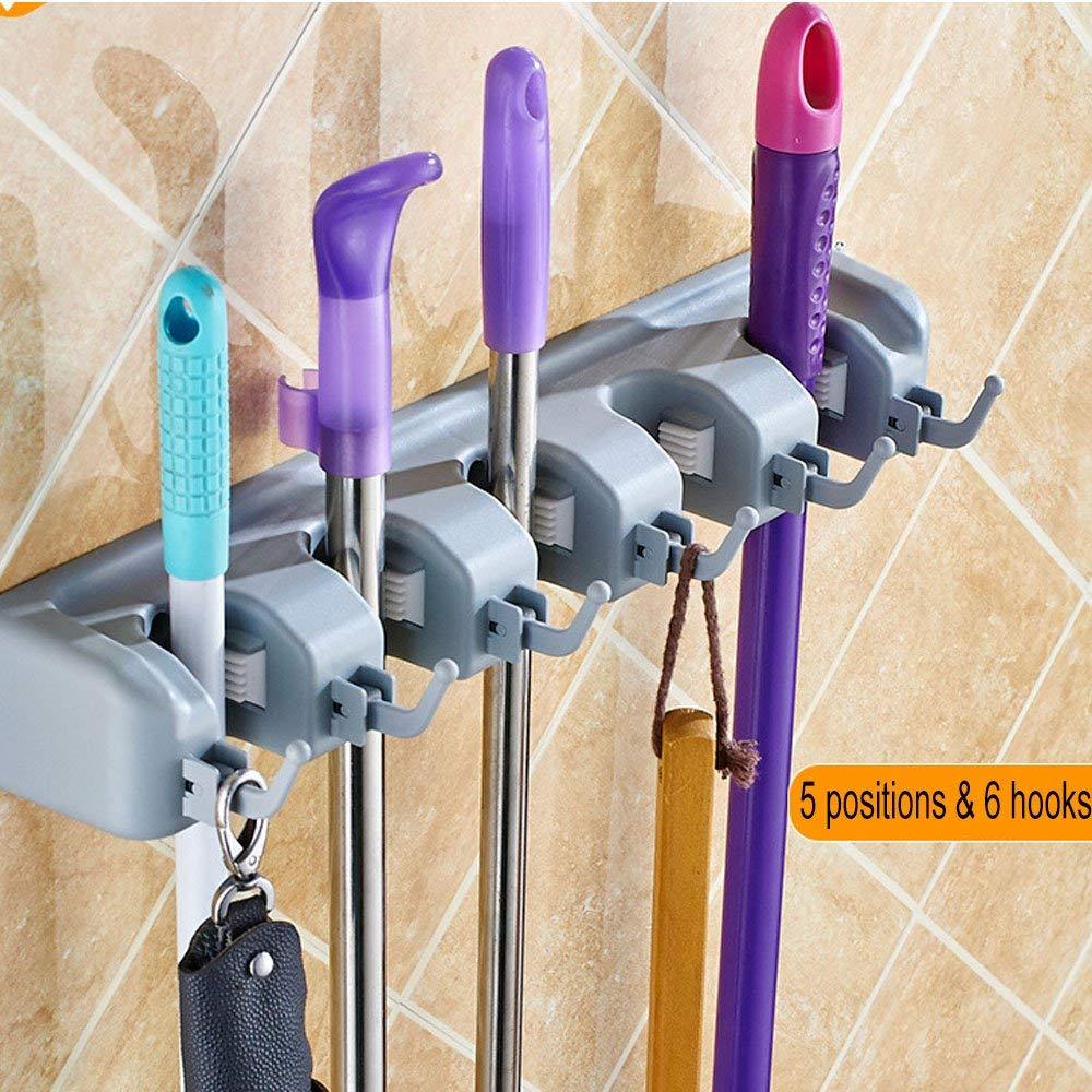 Bosszi Broom Holder & Mop Holder & Gardening Tools Organizer, Wall-Mounted Storage Racks with 5 Positions and 6 Hooks Holds Up to 11 Tools Firmly As Rake, Broom, Mop Handles, etc.