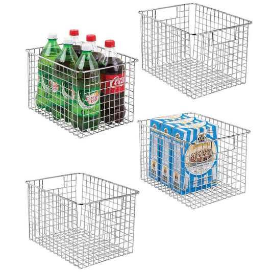 mDesign Large Heavy Duty Metal Wire Storage Organizer Bin Basket, Built-In Handles for Food Storage, Kitchen Cabinet, Pantry, Closet, Bedroom, Bathroom, Garage - 12" x 9" x 8", Pack of 4, Chrome