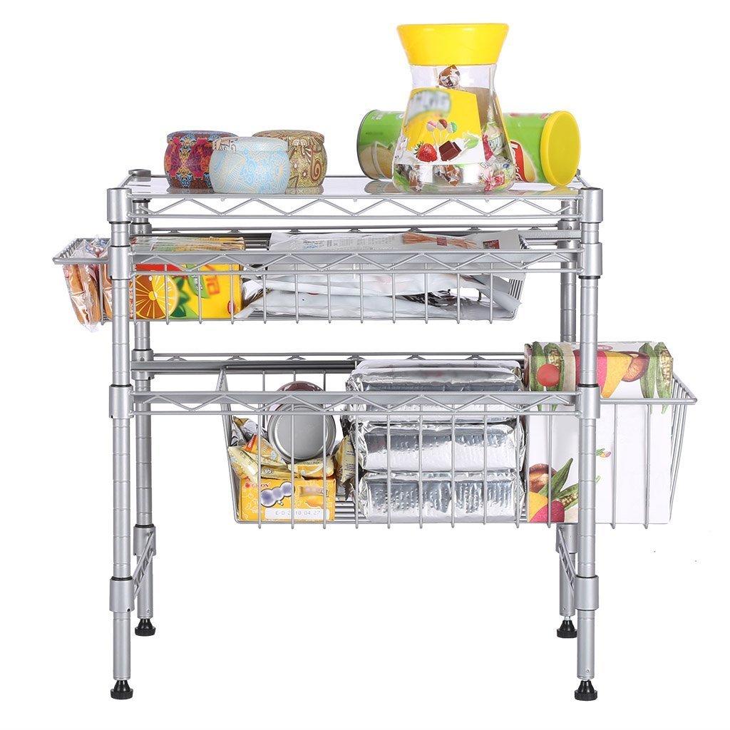 Buy now rackaphile stackable 2 tier sliding basket organizer drawer under sink cabinet with adjustable leveling feet rack shelf for bathroom kitchen closet office desktop silver