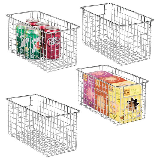 mDesign Farmhouse Decor Metal Wire Food Storage Organizer, Bin Basket with Handles for Kitchen Cabinets, Pantry, Bathroom, Laundry Room, Closets, Garage - 12" x 6" x 6" - 4 Pack - Chrome