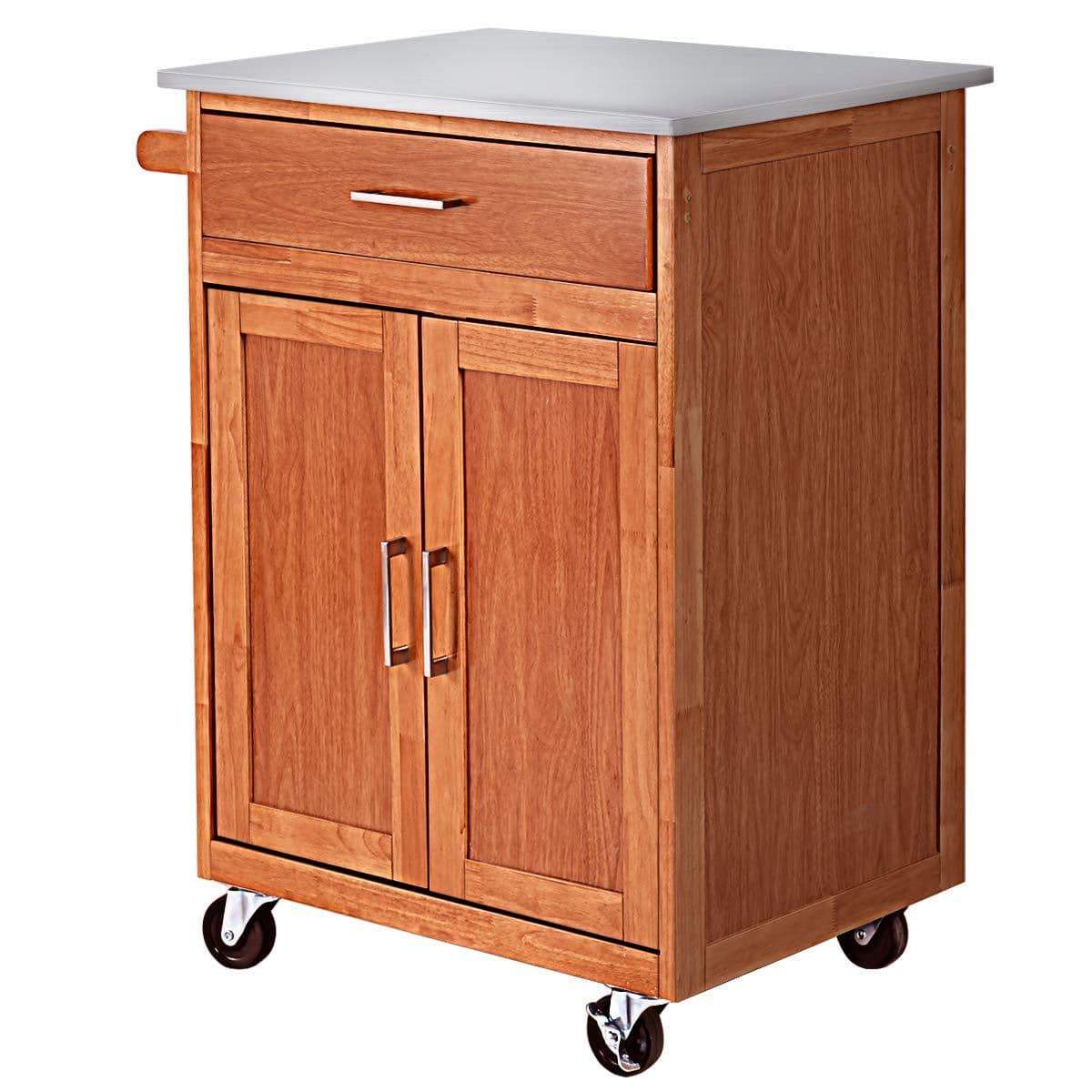 Amazon giantex wood kitchen trolley cart rolling kitchen island cart with stainless steel top storage cabinet drawer and towel rack