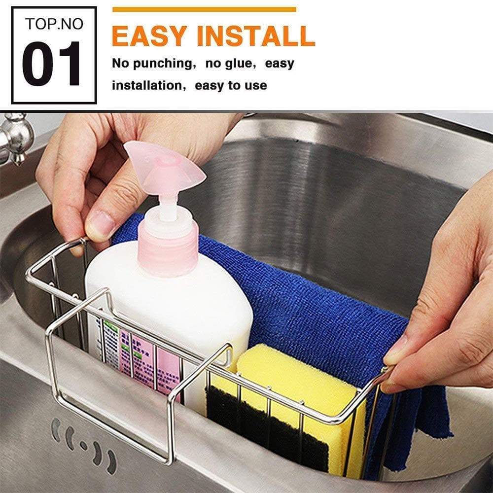 Discover the best hjkk sponge holder for kitchen sink rust proof 304 stainless steel basket storage holder sink organizer for sponge brush soap towel dish cloth dishwashing liquid and more in sink sponge holder