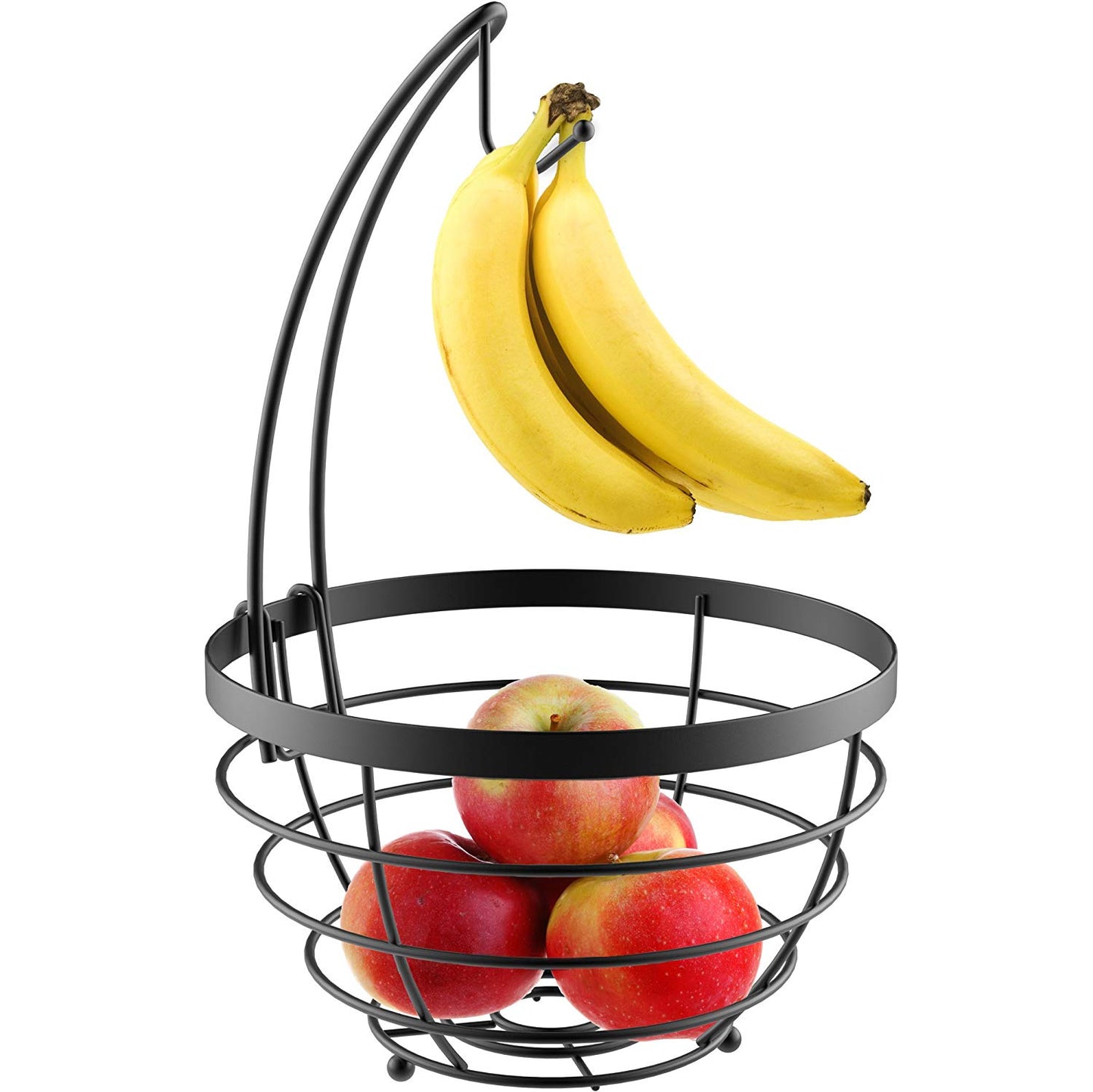 Vremi Fruit Basket for Kitchen - Wire Metal Fruit Bowl with Removable Banana Hanger - Round Baskets with Hanging Hook Holder in Black Decorative Modern Design - Fruits Storage for Countertop or Table