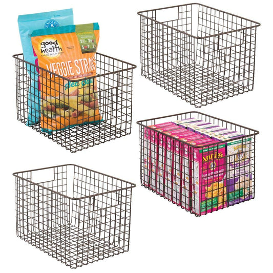 mDesign Farmhouse Decor Metal Wire Food Storage Organizer, Bin Basket with Handles for Kitchen Cabinets, Pantry, Bathroom, Laundry Room, Closets, Garage - 12" x 9" x 8" - 4 Pack - Bronze