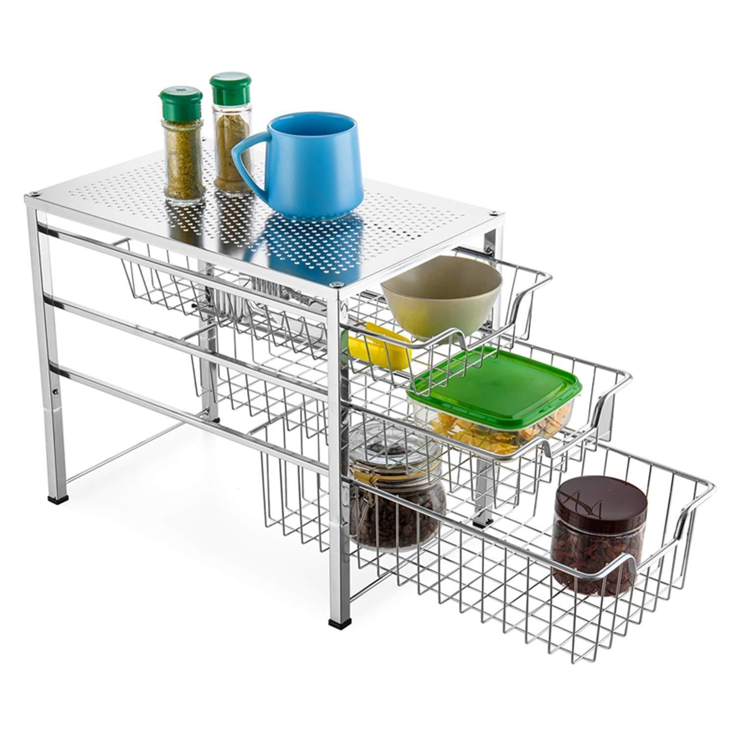 Products bextsware cabinet basket organizer with 3 tier wire grid sliding drawer multi function stackable mesh storage organizer for kitchen counter desktop bathroom under sinkchrome