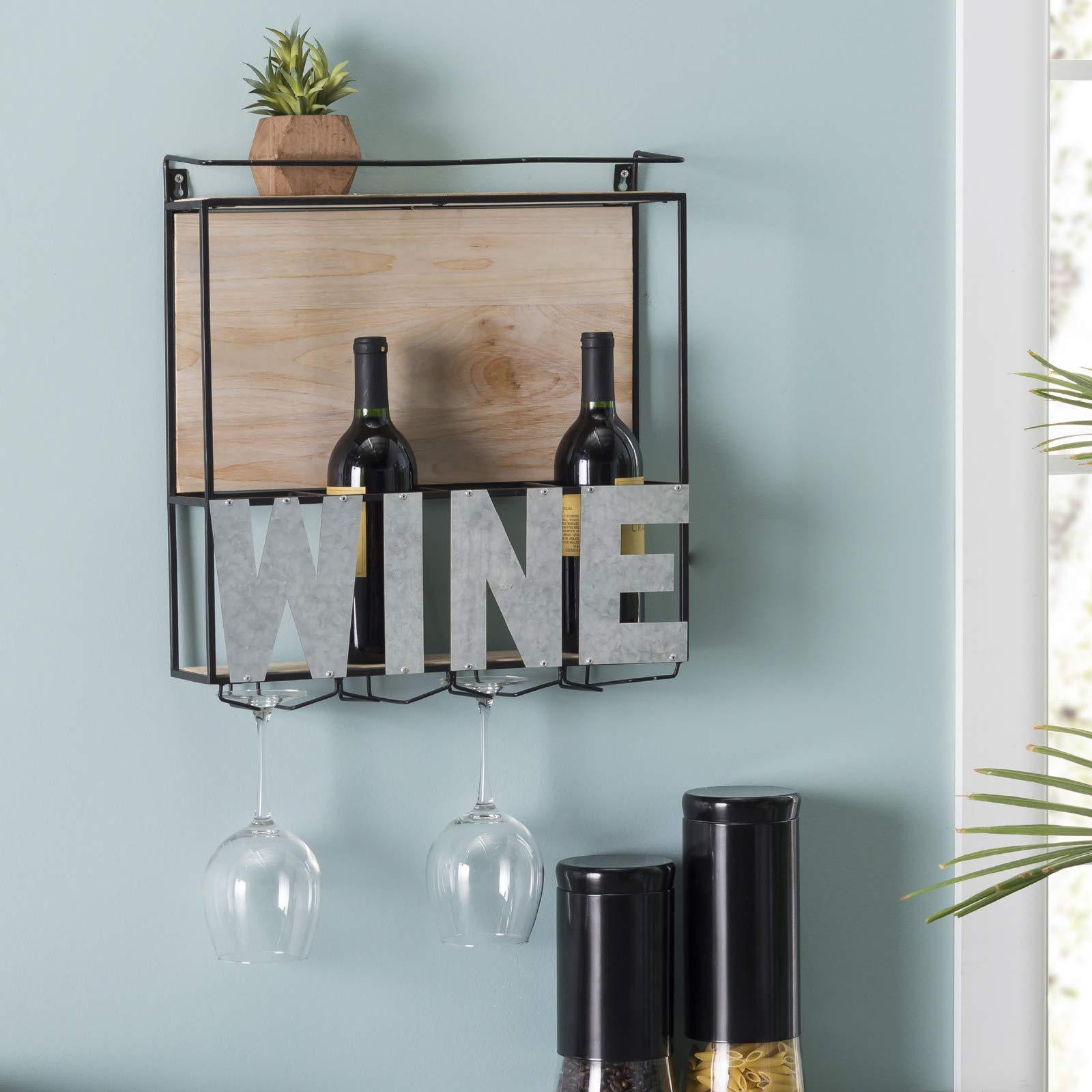 Exclusive wall mounted wine rack wine bottle holder wine glass holder holds 4 bottle of wine and 4 glasses includes decorative wood accents and top shelf perfect home kitchen decor