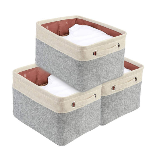 DECOMOMO Extra Large Foldable Storage Bin [3-Pack] Collapsible Sturdy Cationic Fabric Storage Basket Cube W/Handles for Organizing Shelf Nursery Home Closet & Office - Grey & Beige 15.8 x 12.5 x 10