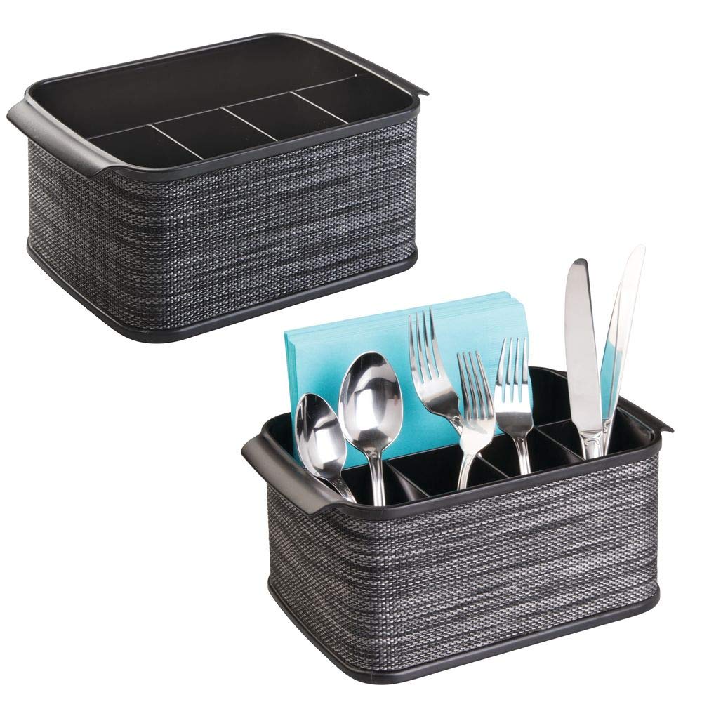 mDesign Plastic Cutlery Storage Organizer Caddy Tote Bin with Handles for Kitchen Cabinet or Pantry - Holds Forks, Knives, Spoons, Napkins - Indoor or Outdoor Use - Woven Accent, 2 Pack - Black