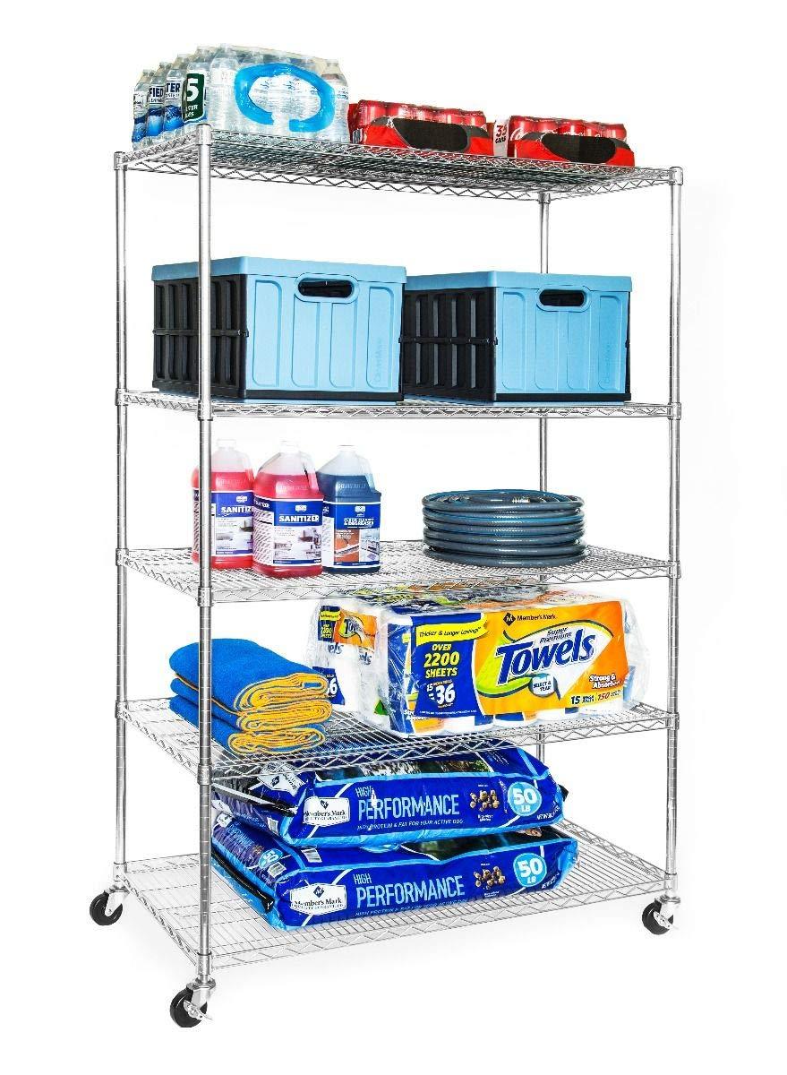 Seville Classics UltraDurable Commercial-Grade 5-Tier NSF-Certified Steel Wire Shelving with Wheels 48" W x 24" D x 72" H Silver