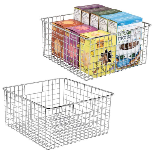 mDesign Farmhouse Decor Metal Wire Food Storage Organizer, Bin Basket with Handles for Kitchen Cabinets, Pantry, Bathroom, Laundry Room, Closets, Garage - 12" x 12" x 6" - 2 Pack - Chrome